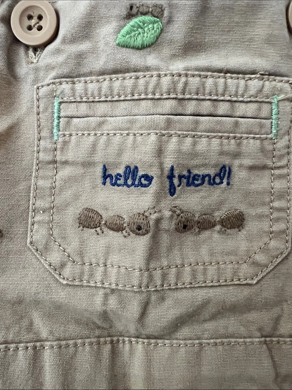 Gymboree Tan Short Overalls with Green Embroidery